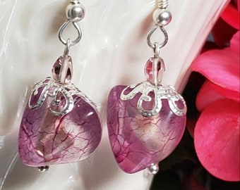 Unique Raspberry Pink Veined Beaded Pierced Earrings with Silver Decorative Bead Caps and Ear Hooks
