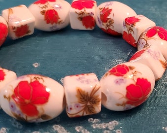 SET: Beautiful Ceramic Red Flower Beaded Stretch Bracelet & Matching Dangle Earrings with White Cats Eye