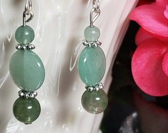 Lovely Jade Green Disc and Round Beads Separated by Silver Daisy Wheels Pierced Dangle Earrings with Silver Earhooks