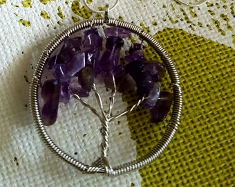 Collar con colgante de amatista y árbol de la vida - Cadena de plata, 43 cm