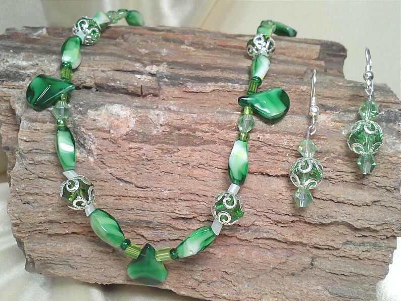 Shades of Green Beaded Necklace Earring Set with Sterling Silver Hardware and Swarovski Crystals image 1