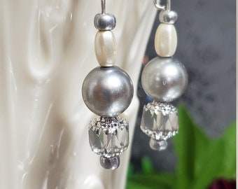 Beautiful Silver and White Pearl and Czech Crystal Earrings with Sterling Silver
