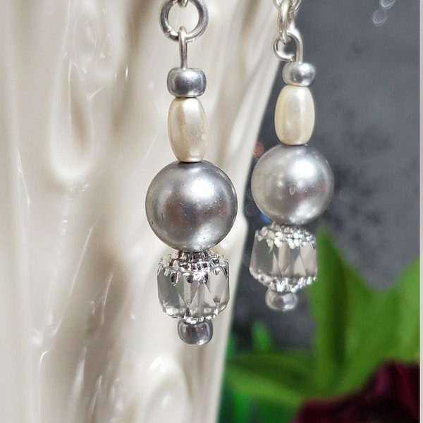 Beautiful Silver and White Pearl and Czech Crystal Earrings with Sterling Silver