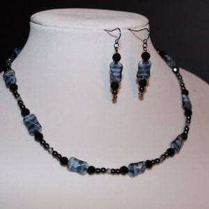 Gorgeous Blue and Black Marbled Beaded Necklace and Earring Set with Grey Pearls and Swarovski Crystals
