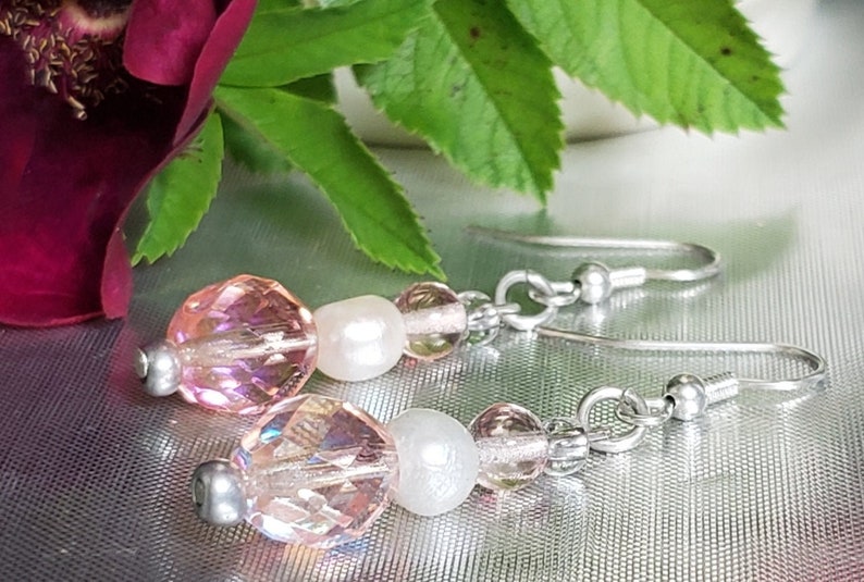 Pink Czech Crystal Dangle Earrings with White Pearls and Sterling Silver Hardware image 1