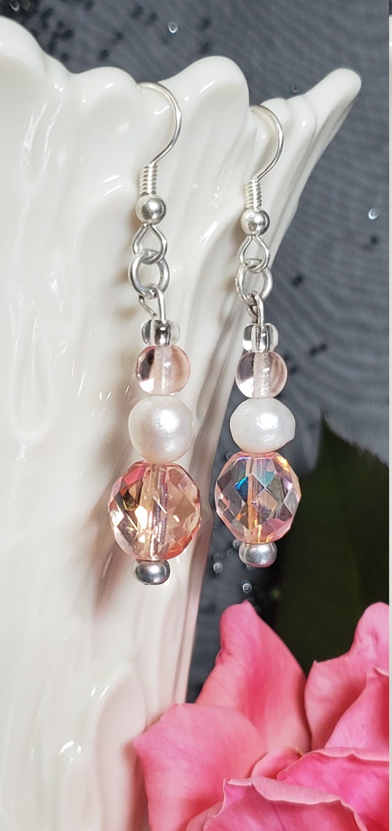 Pink Czech Crystal Dangle Earrings with White Pearls and Sterling Silver Hardware image 2