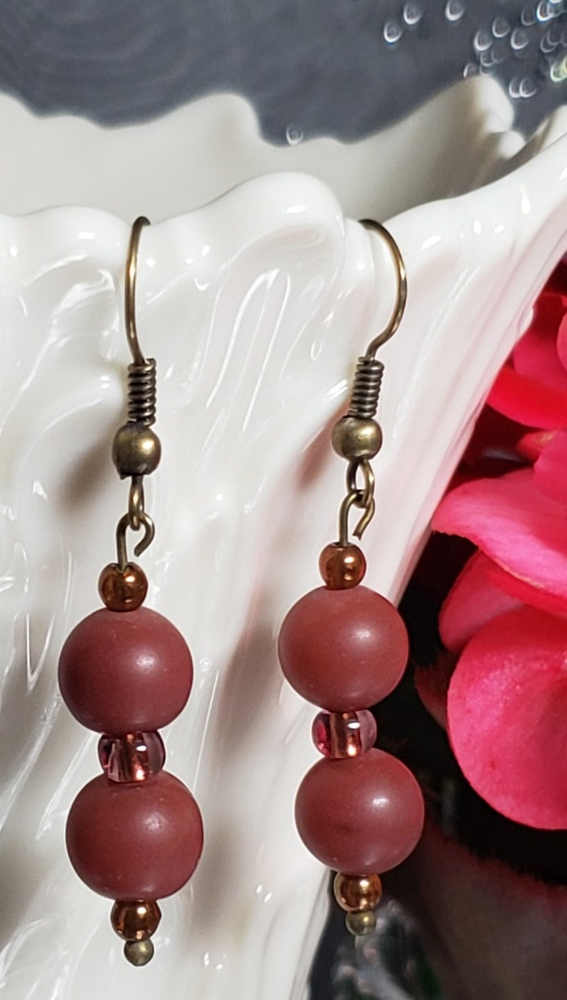 African red carnelian beaded earrings with amber seed beads antique brass ear hooks image 1