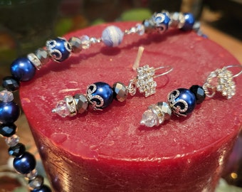 Royal Blue Pearl Necklace and Earring Set: Swarovski Crystal Jewelry