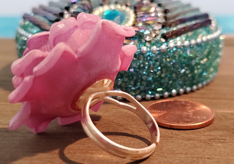 Elegant Pink Flower Set on a Silver Adjustable Ring