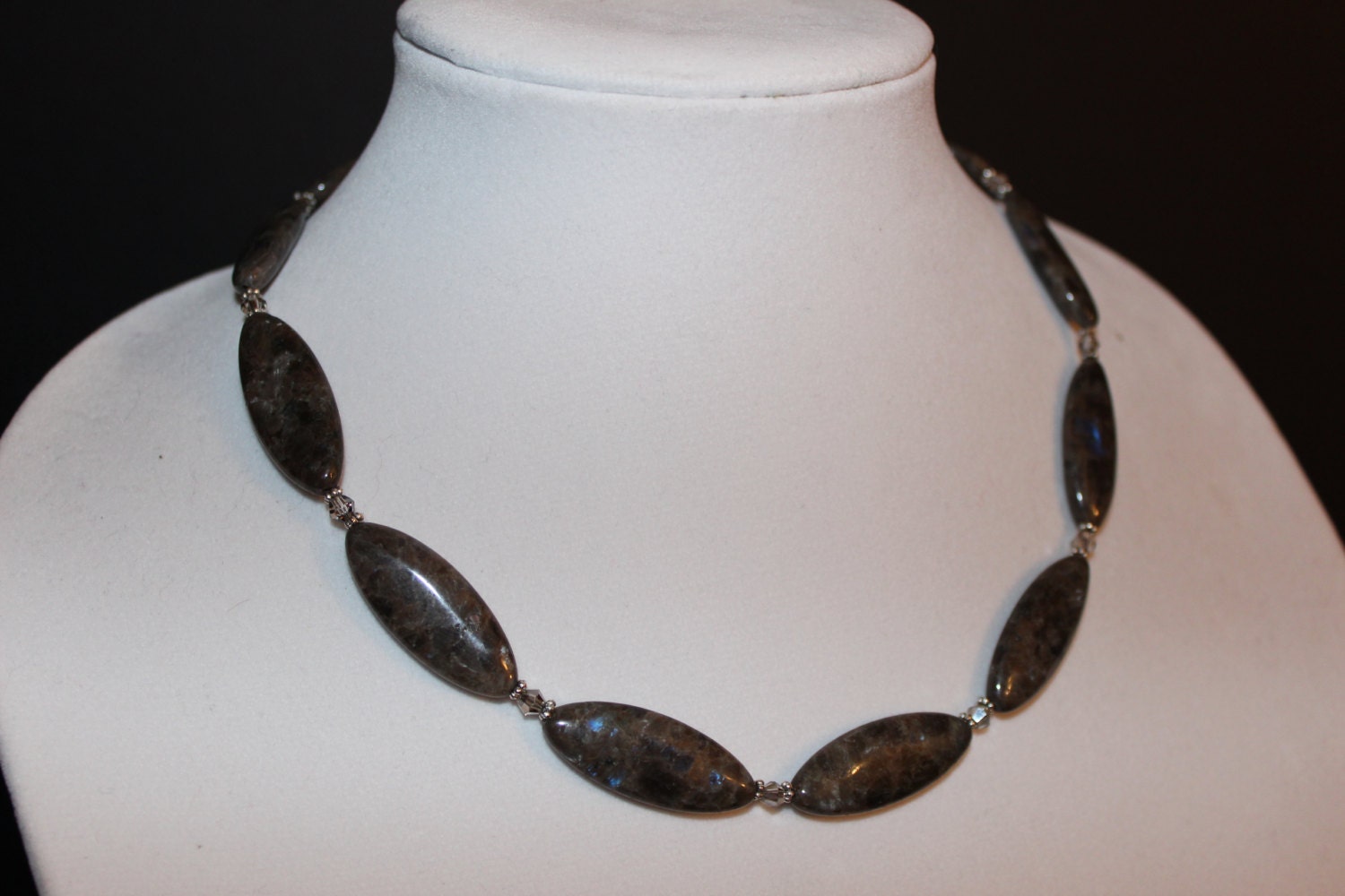 Necklace- Elegantly Simple Swarovski Two Toned Grey Bicones Surround Stunning Marbled Grey Agate with Antique Silver Daisy Wheel Spacers for sale  