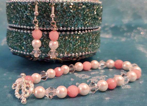 Pink Bead Bracelet and Earring Set: Swarovski Crystal Pearl 