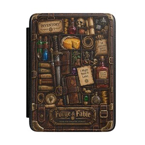 May include: A rectangular e-reader case featuring a brown leather-like texture with a fantasy-themed inventory illustration. It displays various items including a sword, potions, books labeled Spells and Maps, a skull, and text reading Forge & Fable.