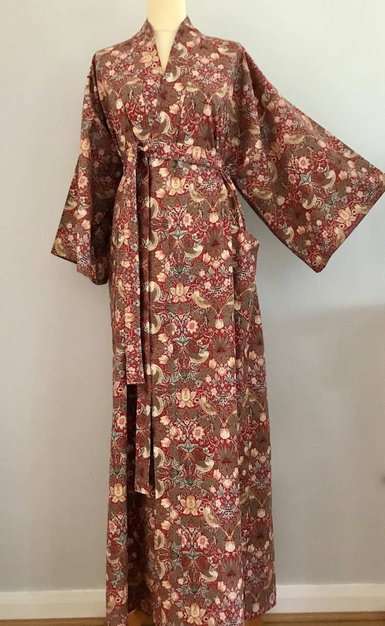 William Morris Kimono Style Cotton Robe Strawberry Thief Red Made to ...