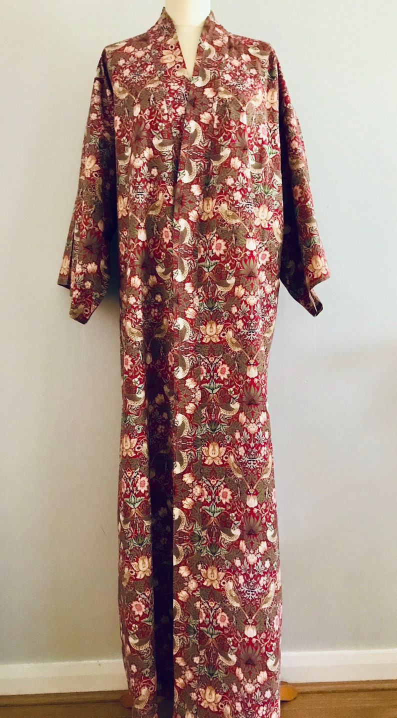 William Morris Kimono Style Cotton Robe Strawberry Thief Red Made to ...