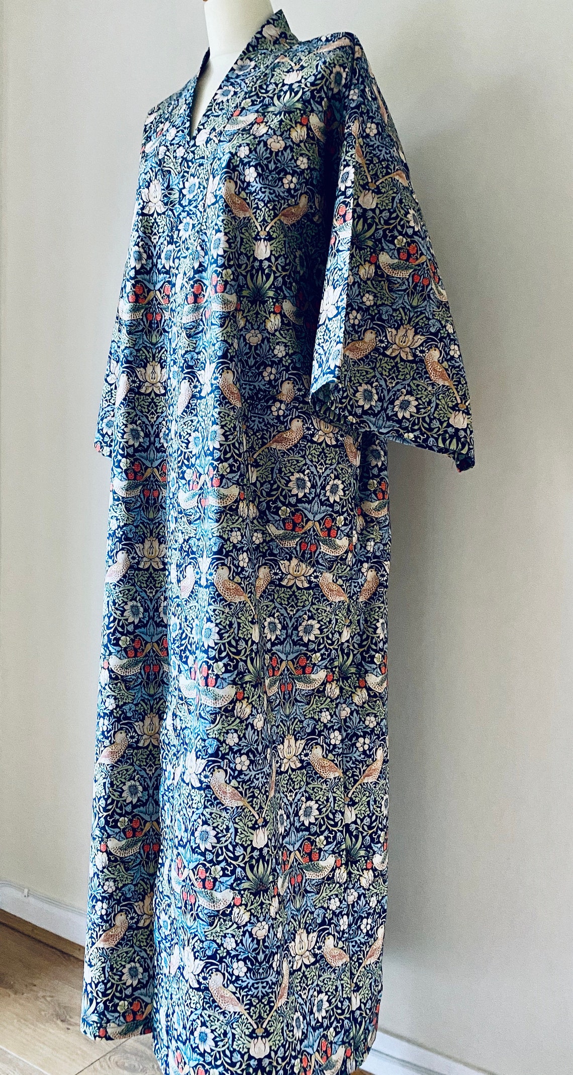 William Morris Kimono Style Cotton Robe Strawberry Thief Blue Made to ...