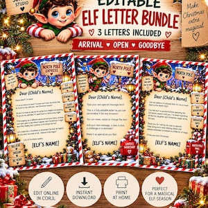 May include: An editable Christmas elf letter bundle featuring three printable templates with festive graphics, including an arrival, open, and goodbye letter. The design displays a cartoon elf, North Pole signage, and holiday decorations.