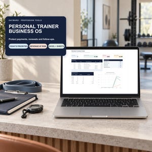 May include: A silver laptop displaying a Business Command Center dashboard with tables and charts. Above it, a dark blue graphic reads: DAYWARD PROFESSION TOOLS, PERSONAL TRAINER BUSINESS OS, Protect payments, renewals and follow-ups, TODAY'S PRIORITIES, REVENUE AT RISK, EXCEL + SHEETS.