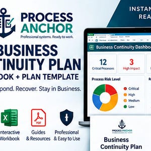 Op de afbeelding: Een digitaal werkboek en sjabloon voor bedrijfscontinuïteitsplannen met een laptopscherm dat een dashboard met grafieken en statistieken toont. De tekst bevat Process Anchor, Business Continuity Plan en Prepare, Respond, Recover.