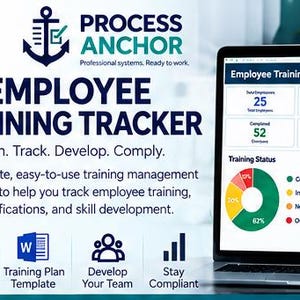 May include: A digital employee training tracker dashboard displayed on a laptop screen. The interface features an anchor logo, the text Process Anchor, Employee Training Tracker, and Plan. Track. Develop. Comply. It includes charts, status metrics, and icons for Excel and Word.