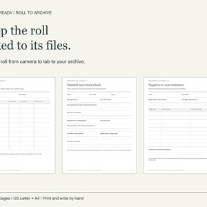 Könnte beinhalten: Ein Set aus drei druckbaren Dokumenten mit dem Titel Reset & Ready / Roll to Archive, bestehend aus Formularen für Roll queue, Handoff and return check und Negative to scan reference. Die Seiten enthalten strukturierte Tabellen.