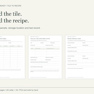 Peut inclure: Trois pages imprimables blanches avec du texte noir intitulées Reset & Ready / Tile to Recipe. Les pages incluent des sections pour Sample locator index, One test. One retrievable record et Bench reference cards avec des lignes pour notes.
