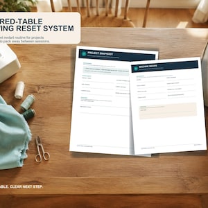 Może przedstawiać: Dwie białe kartki papieru zatytułowane Project Snapshot i Machine Recipe z ciemnoniebieskimi nagłówkami, zawierające puste pola na szczegóły projektów krawieckich, umieszczone na drewnianej powierzchni obok maszyny do szycia, tkaniny i nici.