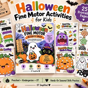 Peut inclure: Un ensemble de pages d'activités de motricité fine sur le thème d'Halloween pour enfants, comprenant une couverture centrale avec un fantôme et un chat, entourée de feuilles imprimables comme Monster Hair Salon et Pumpkin Lacing.