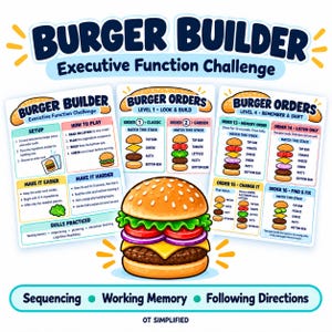 May include: A Burger Builder Executive Function Challenge educational game set featuring three instructional cards with burger assembly orders, levels, and rules, plus a central illustration of a cheeseburger with lettuce, tomato, and onion.