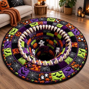 Può includere: Un tappeto rotondo a tema Halloween con un'illusione ottica 3D di un abisso profondo e scuro circondato da denti di peluche bianchi. La superficie è composta da quadrati trapuntati con zucche, fantasmi, pipistrelli e ragnatele colorate.