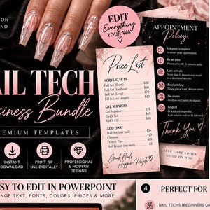 Può includere: Un pacchetto aziendale digitale per onicotecniche con dieci modelli modificabili in nero e oro rosa. Il design include un listino prezzi, una politica per gli appuntamenti e una carta fedeltà con il testo NAIL TECH Business Bundle.