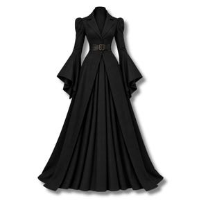 May include: A floor-length black coat dress featuring a notched lapel collar, puff shoulders, and long flared bell sleeves. The garment includes a fitted waist with a matching black belt and a buckle, transitioning into a full, pleated skirt.