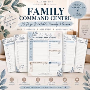May include: A 10-page printable family command centre planner set featuring a weekly schedule, chore list, meal planner, and notes section. The documents have a white background with blue leaf illustrations and text including Family Command Centre.
