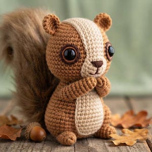 Könnte beinhalten: Ein gehäkeltes Eichhörnchen-Spielzeug mit braunem Körper, cremefarbenem Brustbereich und Gesichtsstreifen, großen schwarzen Kunststoffaugen sowie einem flauschigen, strukturierten braunen Schwanz. Das Eichhörnchen sitzt aufrecht mit kleinen Pfoten.