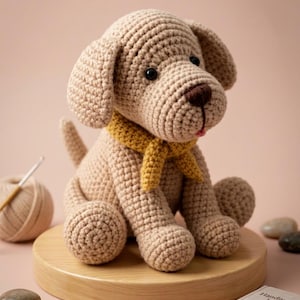 Può includere: Un cagnolino giocattolo lavorato all'uncinetto color beige con naso marrone scuro e occhi neri, che indossa una sciarpa giallo senape. Il peluche è seduto in posizione eretta e presenta una struttura in filato testurizzato con punti visibili.