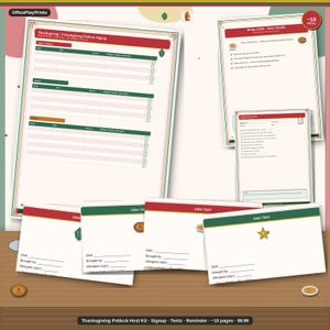 May include: A Thanksgiving and Friendsgiving potluck host kit featuring a signup sheet, a dish checklist, and multiple dish tent cards. The documents include red and green headers, white backgrounds, and small food icons like pies and stars.