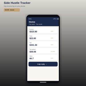 May include: A digital Side Hustle Tracker interface displayed on a smartphone screen. The app shows a home dashboard with categories for Income, Fees, Net, Tax parked, and Miles, featuring a dark blue header and a Log a gig button.