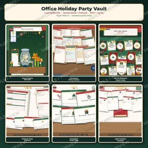 Office Holiday Party Vault | 6 Printable Kits Secret Santa Games White Elephant Potluck | PDF + Canva