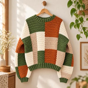 Op de afbeelding: Een trui met lange mouwen voorzien van een color-block patchworkontwerp in de kleuren bosgroen, gebrand oranje en crème. Het kledingstuk is vervaardigd met een textuurrijke haaksteek, een geribbelde ronde hals en geribbelde boorden aan mouwen en zoom.