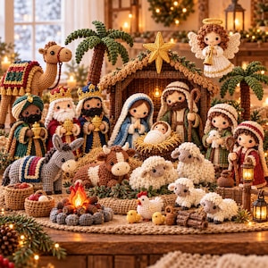 May include: A crochet nativity scene featuring a stable with a yellow star, an angel, Mary, Joseph, and baby Jesus in a manger. The set includes three wise figures, a camel, a donkey, a cow, sheep, a chicken, chicks, and palm trees.