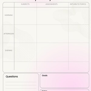 May include: A Bar Exam Daily Study Schedule planner page with a soft pink gradient background and subtle topographic line patterns. The layout includes sections for date, week, subjects, assignments, return to topics, questions, goals, and notes.