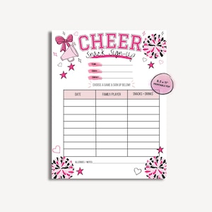 Peut inclure: Une feuille d'inscription pour collations de cheerleading blanche avec des graphismes roses et noirs représentant un mégaphone, un nœud, des étoiles, des cœurs et des pompons. Le texte indique CHEER, Snack Sign-up, Team, Coach, Contact, Choose a game & sign up below, Date, Family/Player, Snacks + Drinks, Allergies/Notes et 8.5 x 11 Printable PDF.