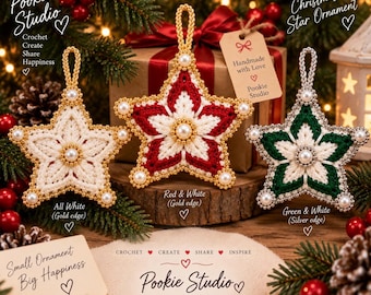 May include: Three star-shaped crochet ornaments featuring a central pearl and beaded edges. One is all white with gold trim, one is red and white with gold trim, and one is green and white with silver trim. Each has a hanging loop at the top.