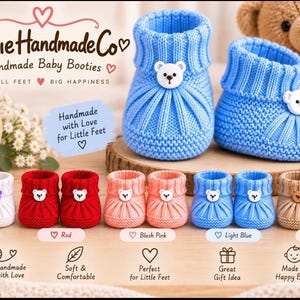 May include: A collection of handmade baby booties in white, red, blush pink, light blue, and beige. Each pair features a ribbed cuff and a small bear-shaped button. The image includes the text PookieHandmadeCo, Handmade Baby Booties, and colour labels.