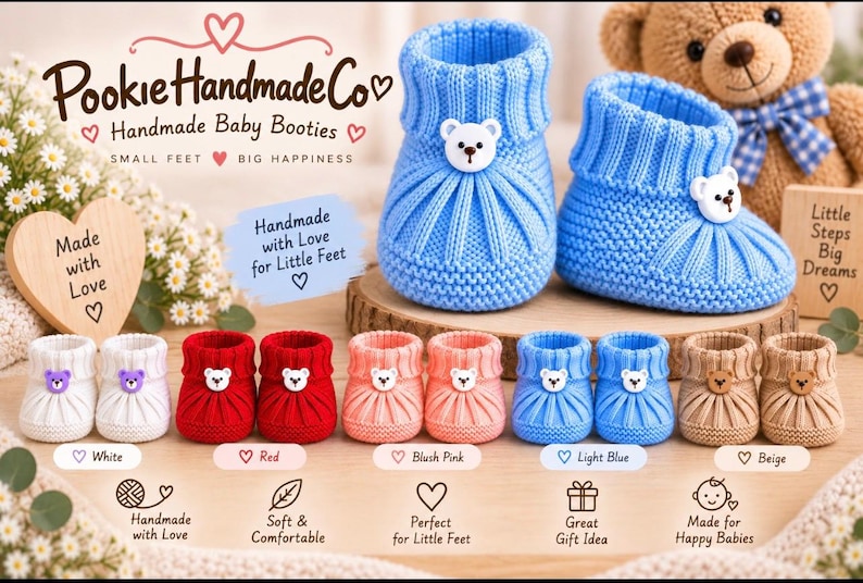 May include: A collection of handmade baby booties in white, red, blush pink, light blue, and beige. Each pair features a ribbed cuff and a small bear-shaped button. The image includes the text PookieHandmadeCo, Handmade Baby Booties, and color labels.