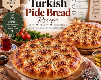 May include: A digital recipe card for Turkish Pide Bread featuring two round, golden-brown loaves topped with sesame and nigella seeds. The text reads Homemade Turkish Pide Bread Recipe, Simple Ingredients, Easy Instructions, and Family Favorite.