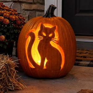 Può includere: Una grande zucca arancione intagliata con la sagoma di un gatto seduto. La zucca presenta un picciolo marrone scuro ed è illuminata dall'interno, proiettando una calda luce gialla attraverso il disegno ritagliato del corpo e dei baffi.
