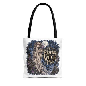 Resting Witch Face Tote Bag, Gothic Witch Tote, Halloween Gift, Everyday Book Bag