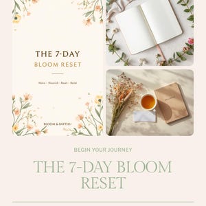 Puede incluir: Una guía digital titulada The 7-Day Bloom Reset con ilustraciones florales, un cuaderno abierto con páginas en blanco, un cuaderno beige cerrado con la etiqueta Wellness, una taza de té y flores secas. El texto dice Move, Nourish, Reset, Build.