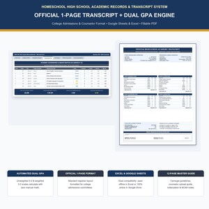 May include: A digital homeschool high school academic records and transcript system featuring an official 1-page transcript, a dual GPA engine, and a coursework master log. Compatible with Google Sheets and Excel, it includes a 12-page master guide.