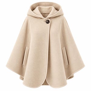 Wool Cape Coat Beige Blend Hooded Oversized Poncho with Button Closure